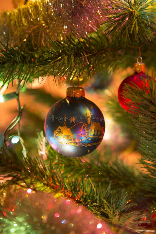 Beautiful blue glass balls on Christmas Tree