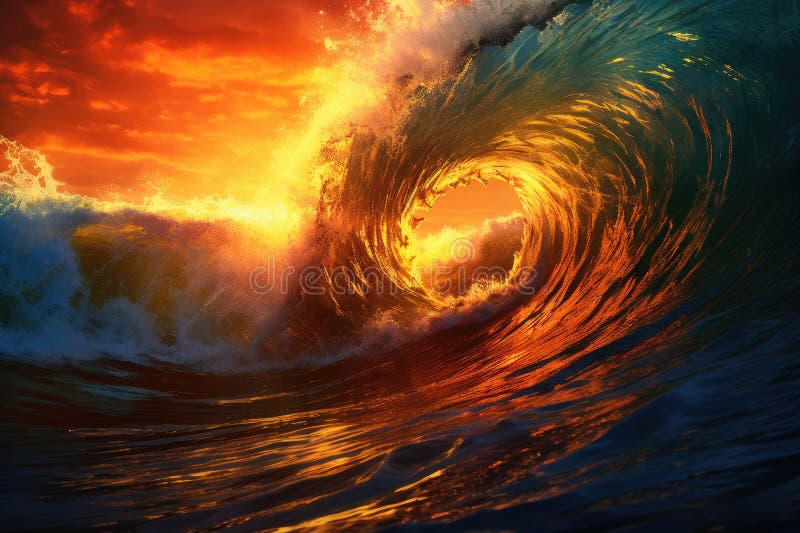 The rolling waves that crashing against golden sunset background.AI generated