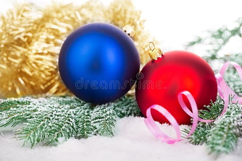 Beautiful blue and red Christmas balls on frosty fir tree. Christmas ornament.