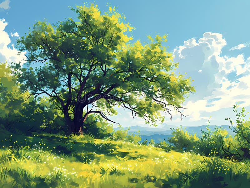 Beautiful Blurred Background Of Spring Nature, A Tree In A Grassy Field stock illustration
