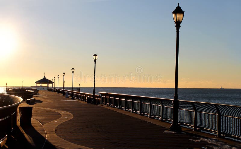 Beautiful boardwalk view at sunrise. Staten Island New York. Midland beach.