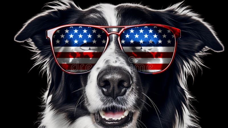 Beautiful border collie in front of a USA flag with sunglasses. generative ai