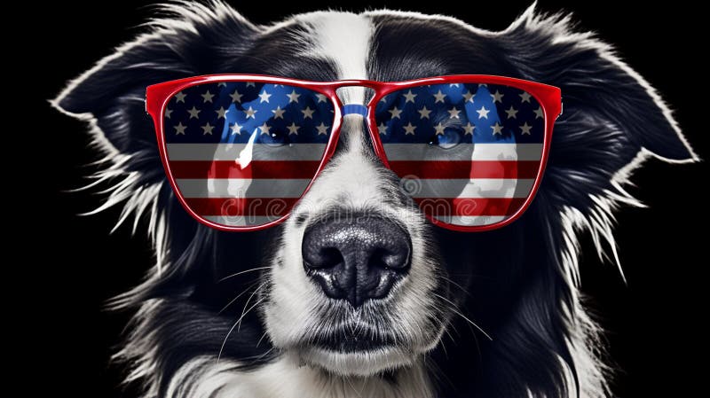 Beautiful border collie in front of a USA flag with sunglasses. generative ai