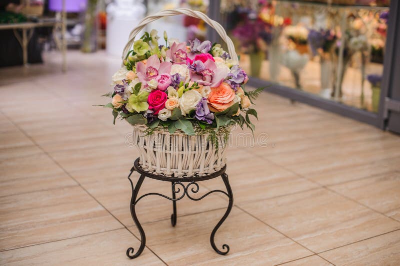 Beautiful Bouquet of Bright Flowers in Basket Stock Photo Image of