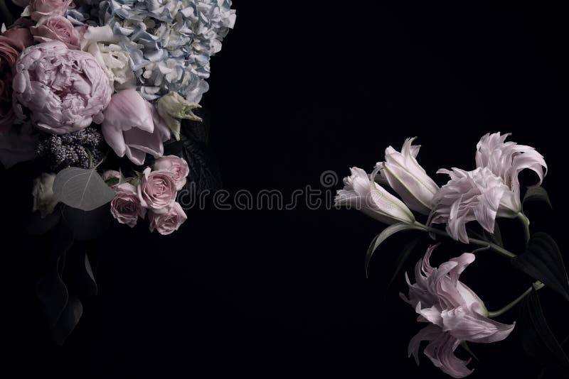 Beautiful bouquet of different flowers on black, space for text. Floral card design with dark vintage effect