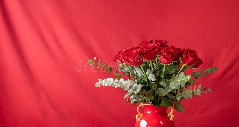 Beautiful Bouquet of Red Roses with Gift Box on the Red Background - Happy  Birthday Greeting Card Concept Stock Image - Image of copy, border:  175458133