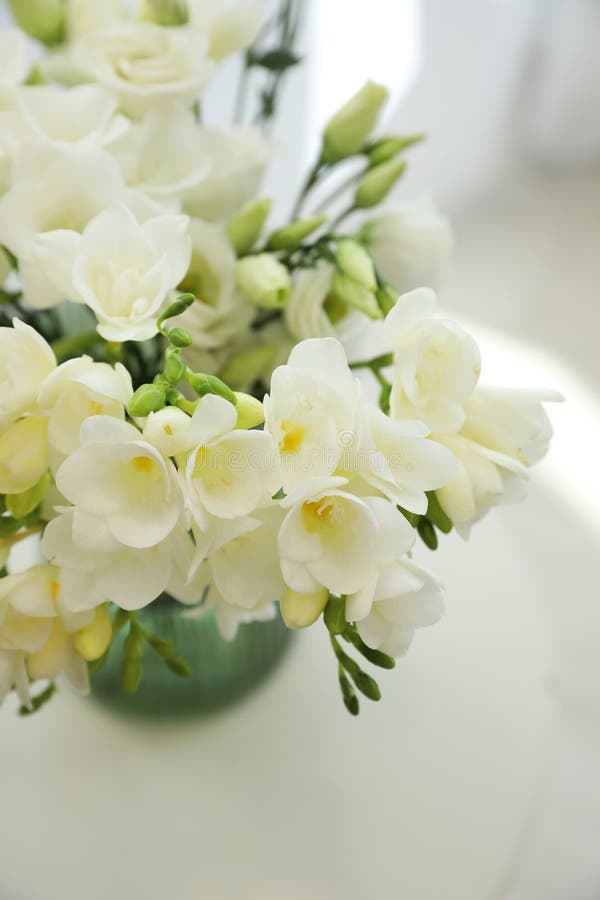 Beautiful Bouquet With White Freesia Flowers On Table Above View Stock Image Image Of Bloom Freesia 176788483