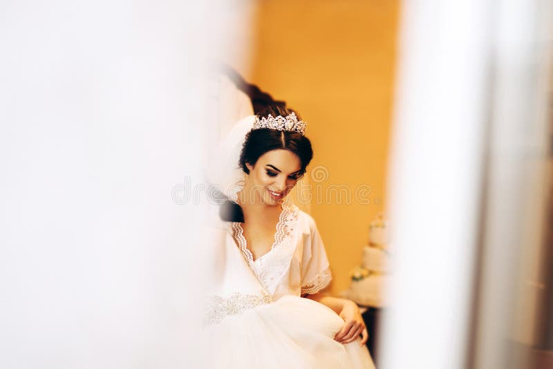 Pretty Bride Dressing Up before Wedding Ceremony Stock Photo Image of