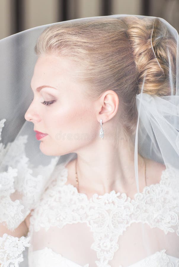 Beautiful bride with fashion wedding hairstyle. Closeup portrait of young gorgeous bride. royalty free stock photography Beautiful bride with fashion wedding hairstyle. Closeup portrait of young gorgeous bride. royalty free stock photography