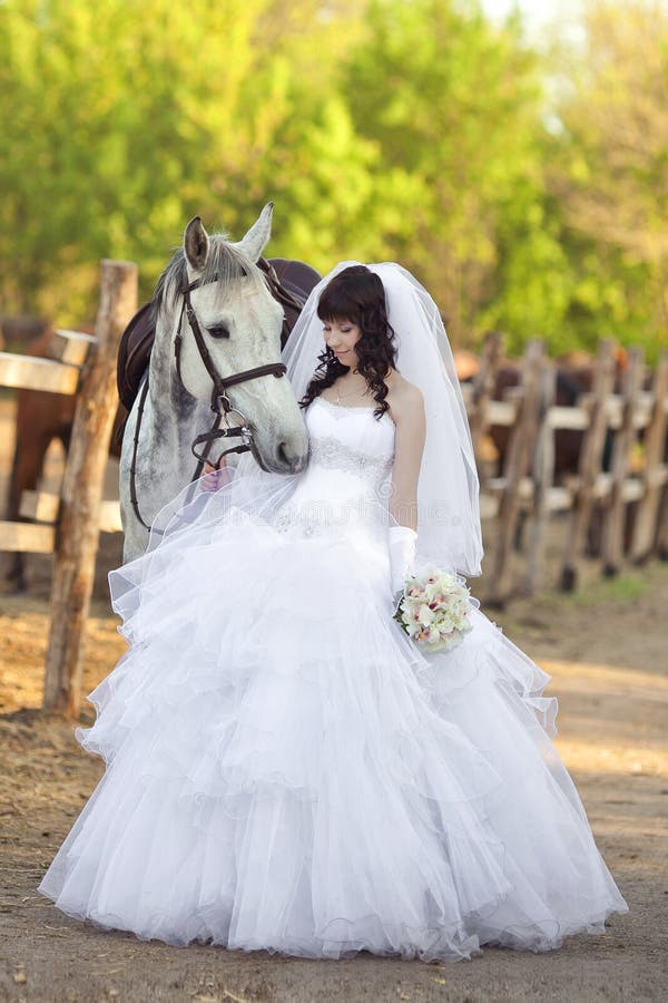 Beautiful bride with a grey horse