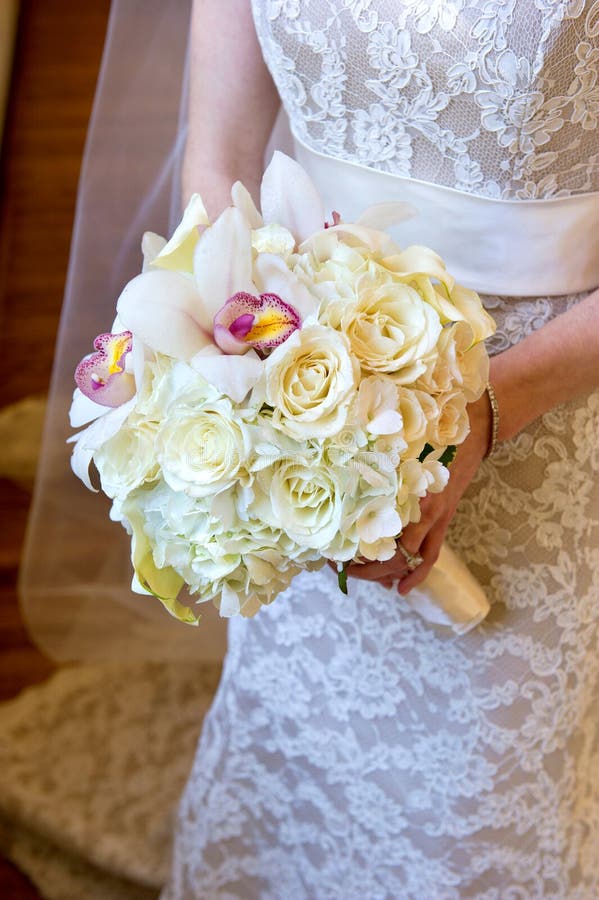 Bride Holding White Wedding Flowers Bouquet Stock Photo Image of
