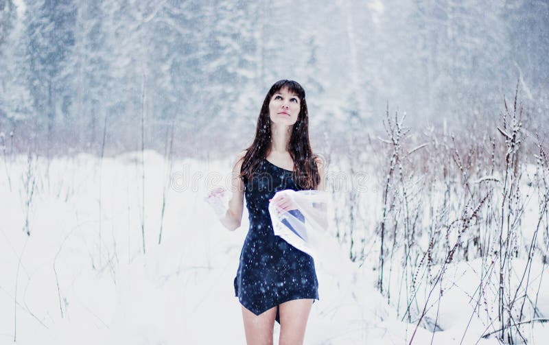 Beautiful bride under veil on white snow background