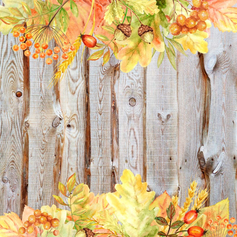 Beautiful bright Autumn social media banner. Autumn colors forest leaves Frame on wooden background. Watercolor autumn vector illustration Beautiful bright Autumn social media banner. Autumn colors forest leaves Frame on wooden background. Watercolor autumn vector illustration