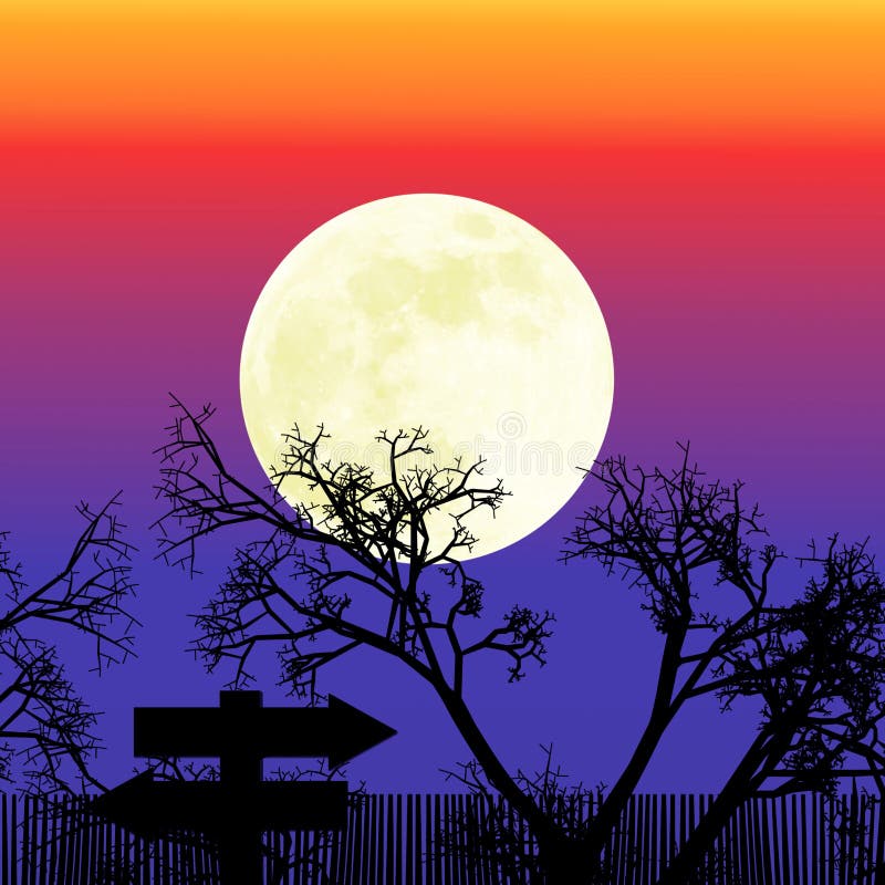 Beautiful Bright Full Moon Rise Behind Tree Branches Stock Illustration