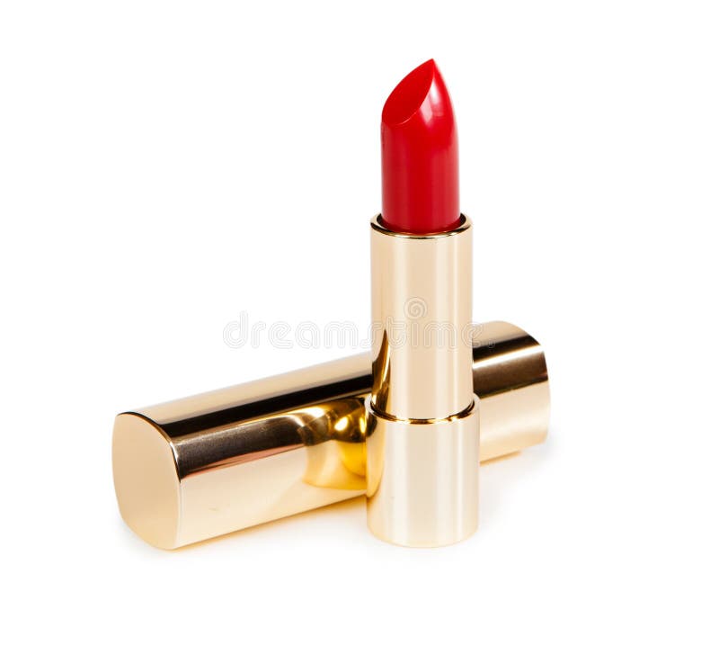 Beautiful bright lipstick in a gold box isolated on white background