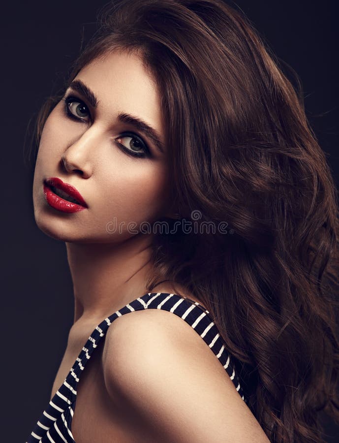Beautiful Bright Makeup Woman with Long Brown Curly Volume Hair Style, Red Lipstick, and Black Smokey Eyes and Wide Bushy Brow Stock Photo - Image of fashion, girl: 173112338 Beautiful Bright Makeup Woman with Long Brown Curly Volume Hair Style, Red Lipstick, and Black Smokey Eyes and Wide Bushy Brow Stock Photo - Image of fashion, girl: 173112338