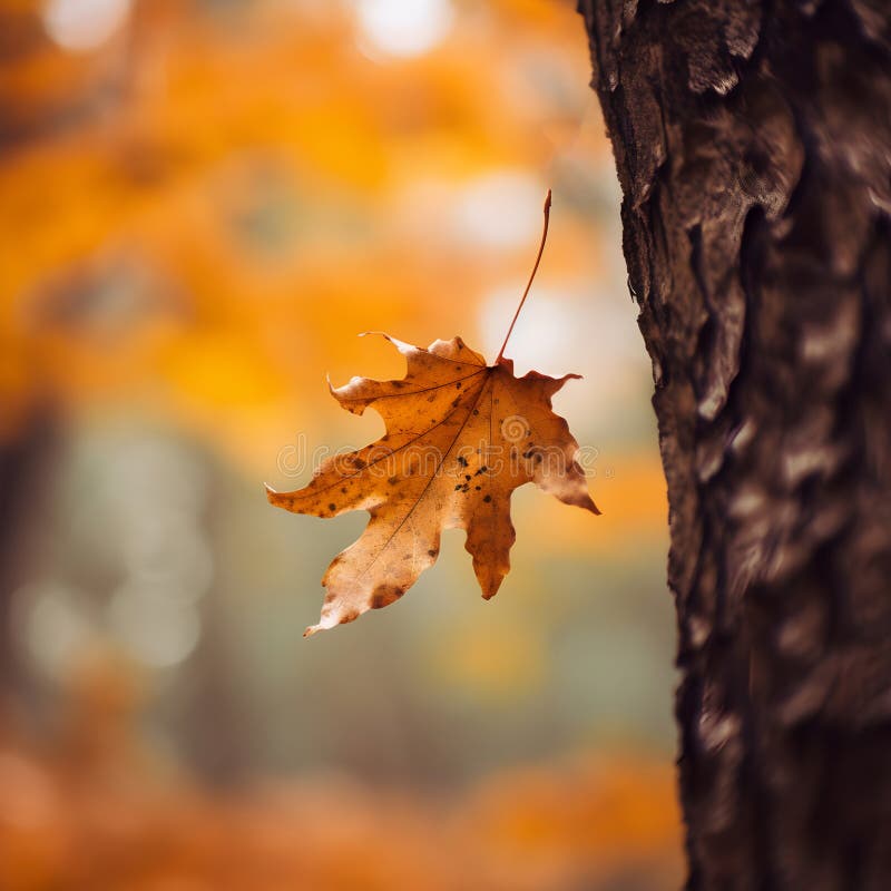 Beautiful bright orange maple tree leaf is falling from the tree close up in Fall season in the park against blurred stock illustration