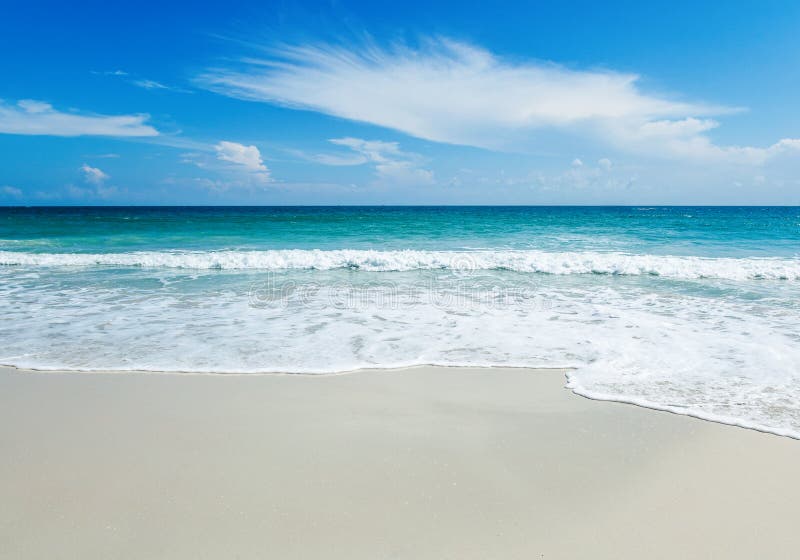 Beautiful bright tropical landscape, perfect beach, blue sky, white sand, turquoise water