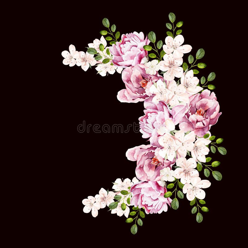 Beautiful bright watercolor bouquet wih peony flowers. Illustration