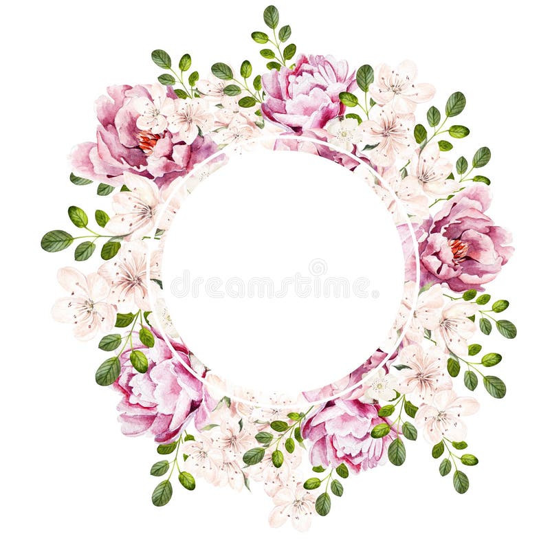 Beautiful bright watercolor wreath wih peony flowers. royalty free illustration Beautiful bright watercolor wreath wih peony flowers. royalty free illustration