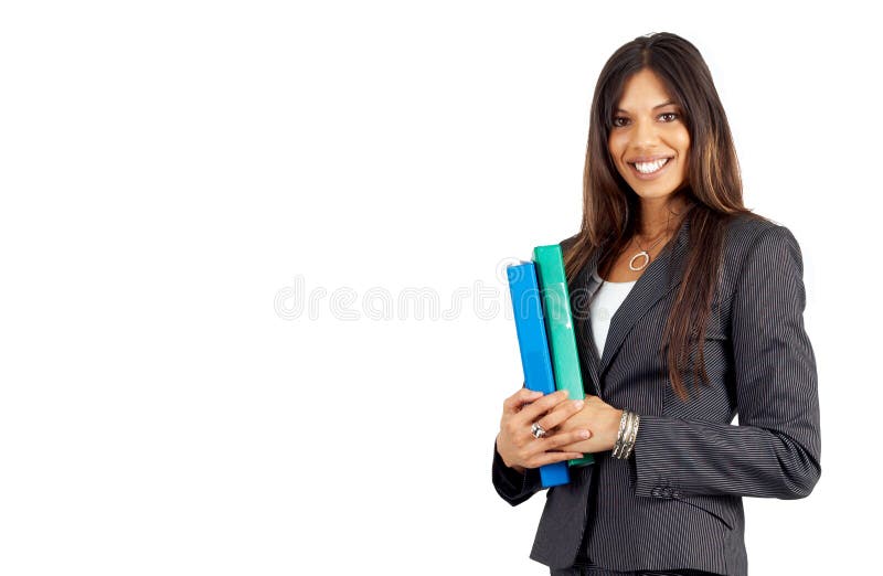 Beautiful brunette businesswoman holding files