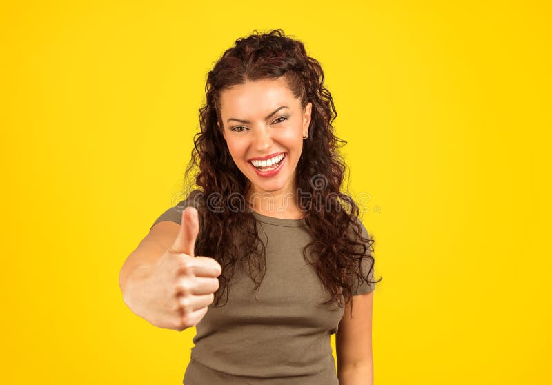 Excited Pretty Woman Showing Thumb Up Stock Photo - Image of emotion ...