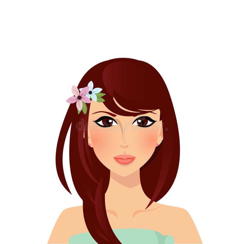 Profile of beautiful cartoon brunette girl with big brown eyes. Side view  of cute valentines girl