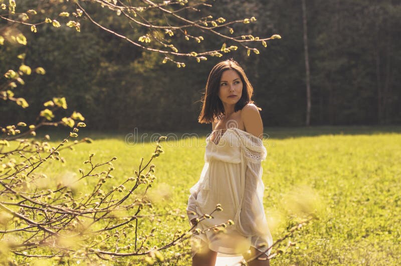 Beautiful Brunette Girl Posing In The Spring Stock Image