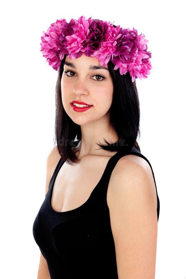 Beautiful brunette girl with purple flowers in her head