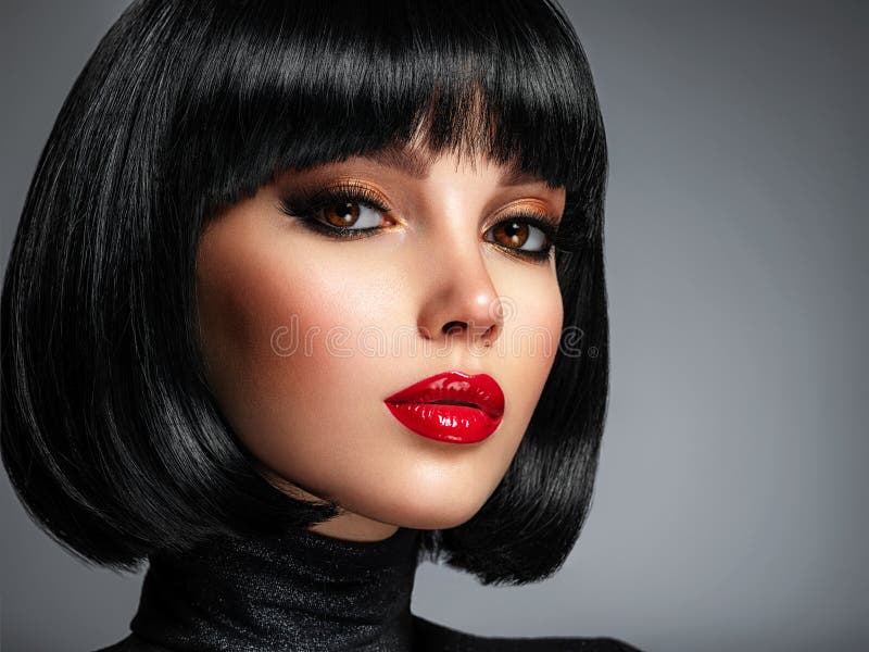 Beautiful Brunette Girl with Red Lips and Black Bob Hairstyle. Pretty Young  Woman with Black Hair Stock Image - Image of eyes, glamour: 228614219