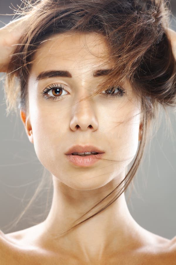 Beautiful Brunette Girl Studio Portrait. Serious Face Expression Stock ...