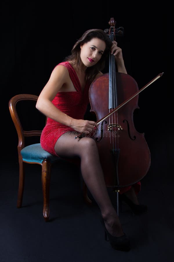 Beautiful Playing Cello with Selective Light in Red Dress Stock Image Image of