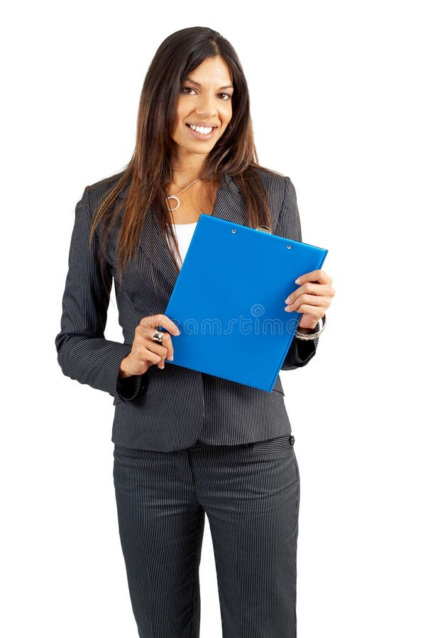 Beautiful brunette woman holding a clipboard