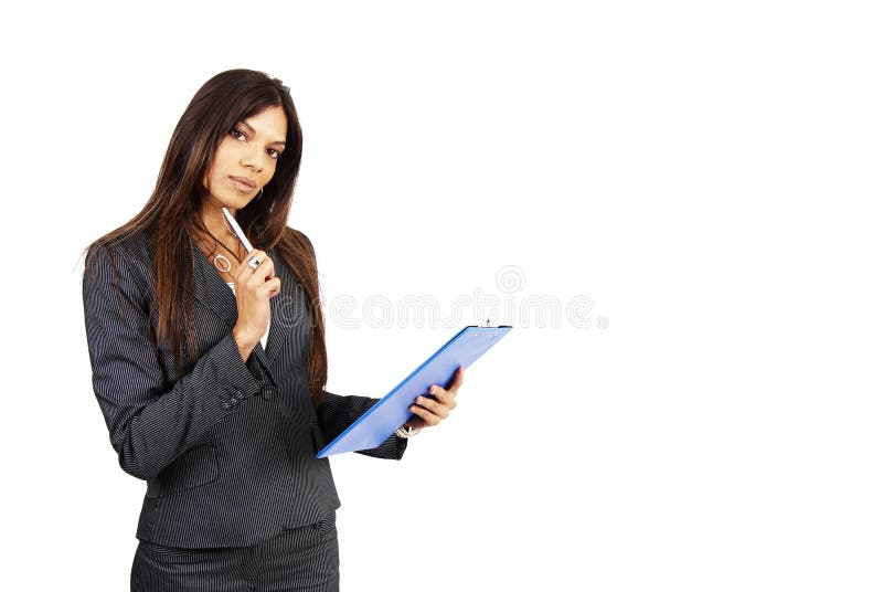 Beautiful brunette woman holding a clipboard