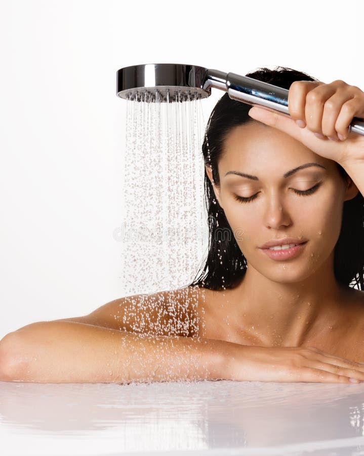 Beautiful Brunette Woman Holds Shower In Hands Stock Image Image Of Wash Female 59067355