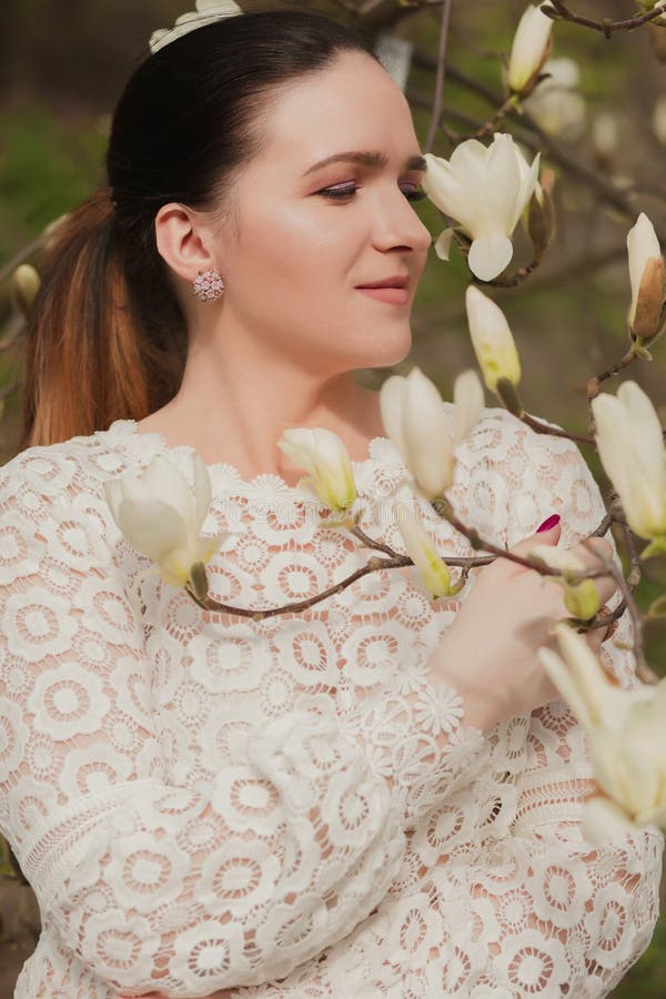 Beautiful Brunette Woman With Nude Makeup Wearing Lace Blouse Stock