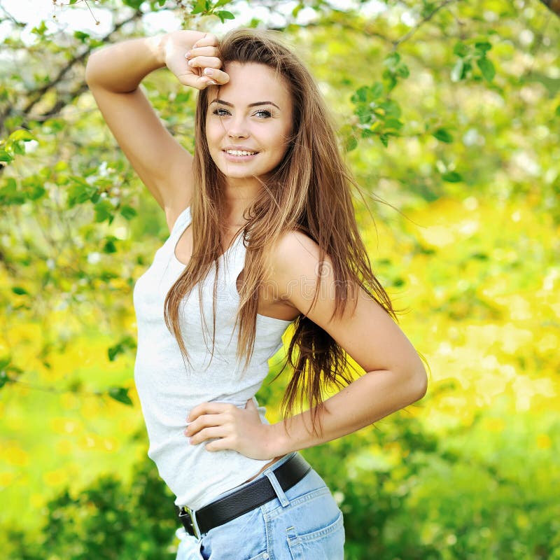 Beautiful Brunette Woman Smiling on Sunny Summer or Spring Day O Stock ...