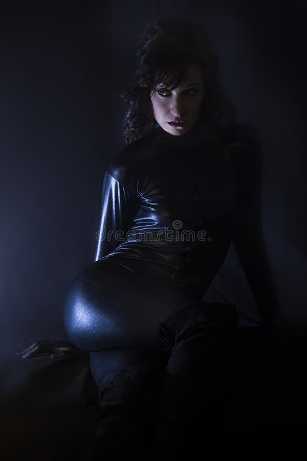 Beautiful Brunette Woman Wearing Latex Dress Dark Background Stock ...