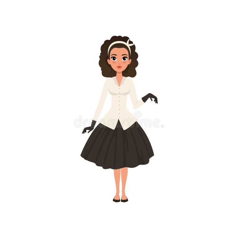 Beautiful brunette young woman in black skirt, white jacket and gloves, girl in fashion outfit vector Illustration isolated on a white background. Beautiful brunette young woman in black skirt, white jacket and gloves, girl in fashion outfit vector Illustration isolated on a white background.