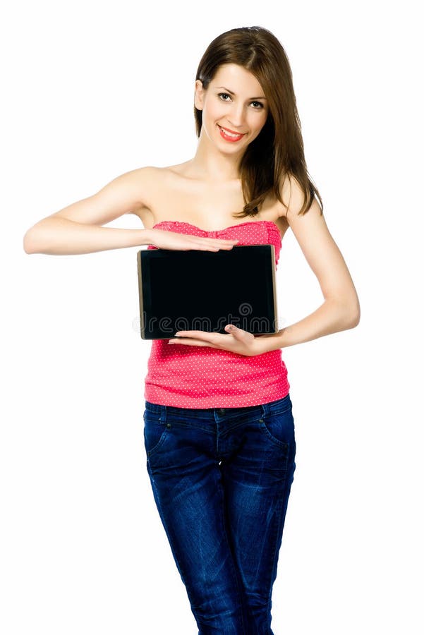 Beautiful brunnete woman holding laptop