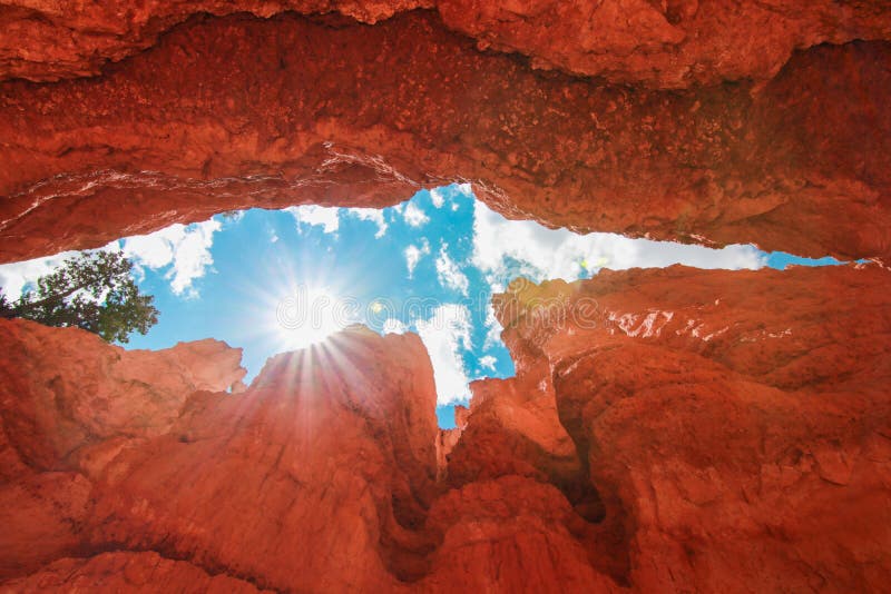 Beautiful Bryce Canyon National Park in Utah, USA. Orange rocks, blue sky. Giant natural amphitheaters and hoodoos formations.