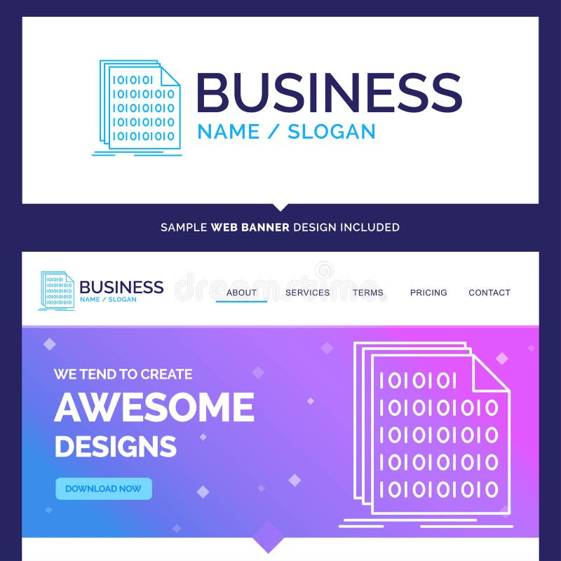 Beautiful Business Concept Brand Name Binary, code, coding, data, document Logo Design and Pink and Blue background Website Header Design template. Place for Slogan / Tagline. Exclusive Website banner and Business Logo design Template