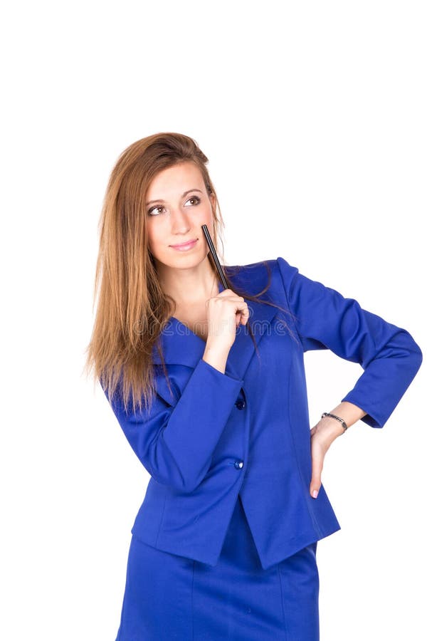 Beautiful Business Girl in a Pink Suit with a Tablet PC Stock Image