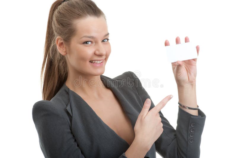 Beautiful business woman holding a blank card