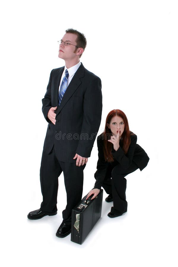 Beautiful Business Woman Stealing Briefcase Full Of Money From Business Man. Shot in studio over white with the Canon 20D.