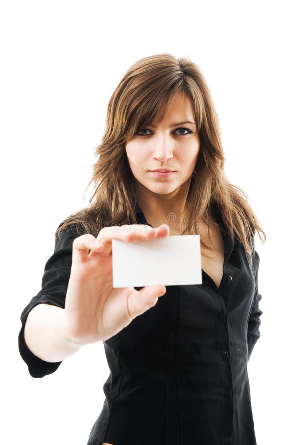 Beautiful businesswoman holding a white card