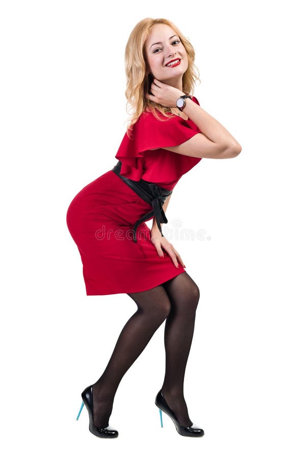 Beautiful Busyness Woman Blonde in red dress isolated on white