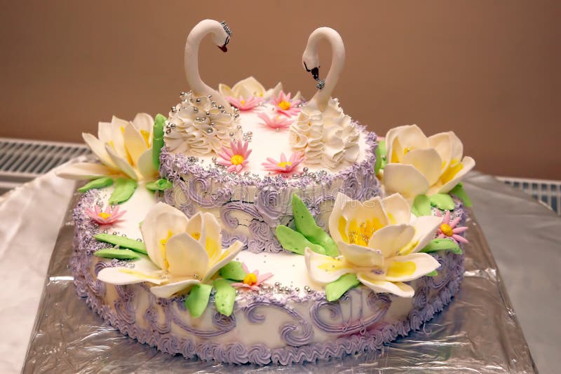 Beautiful cake for wedding with figures of swans royalty free stock photos Beautiful cake for wedding with figures of swans royalty free stock photos
