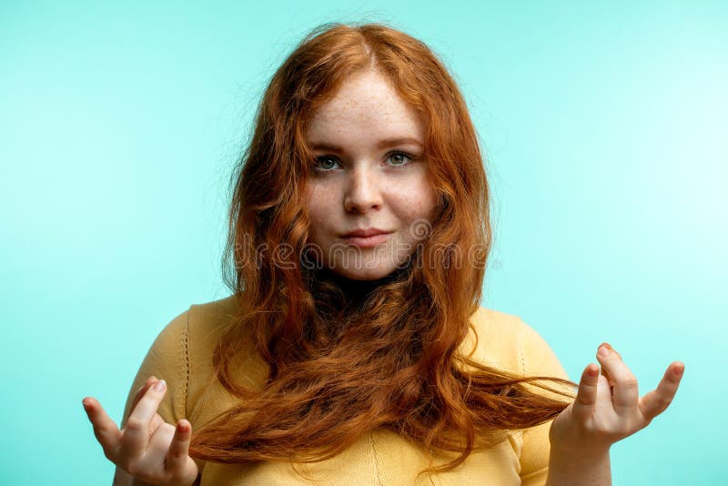 Beautiful Calm Redhead Female Holding Hands In Mudra Gesture Stock 