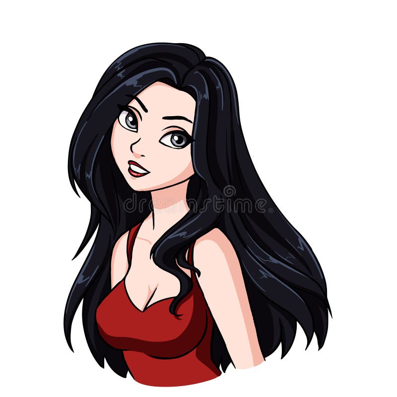Beautiful Cartoon Smiling Girl Portrait. Long Black Hair, Big Grey Eyes,  Red Shirt Stock Illustration - Illustration of girl, lush: 139380515